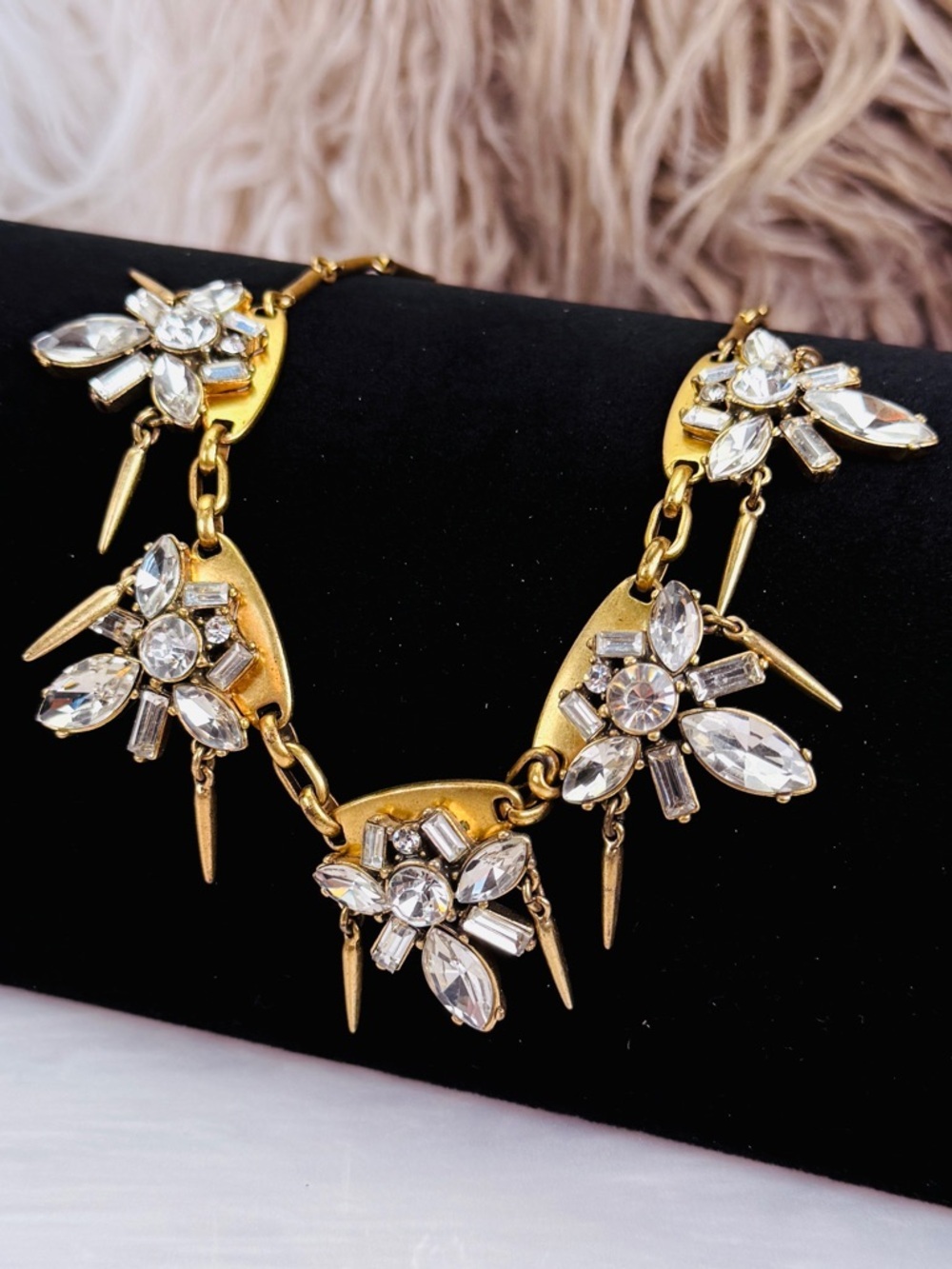 Vintage J.Crew Antique Gold Heavy Faceted Floral Spike Statement Necklace